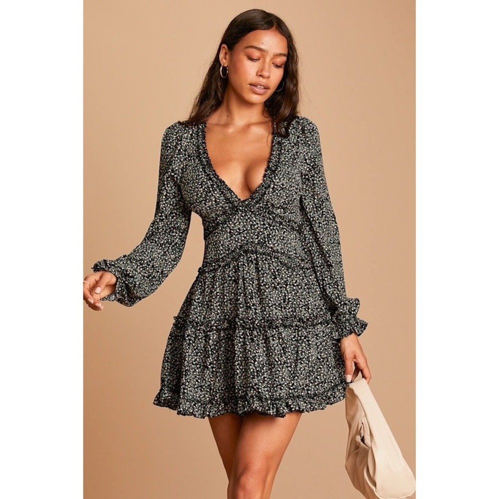 Lulus Admire You Black Floral Print Ruffled Long Sleeve Mini Dress Extra Small